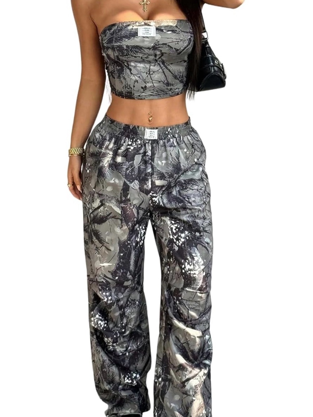Gray Camouflage Wide-Leg Pants - Women